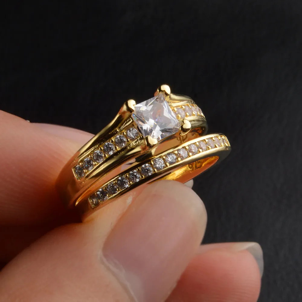 2 Pièces Couple Anneaux Or Jaune 18k Rempli Promise Ring Womens Mens Ring Set Style Classique