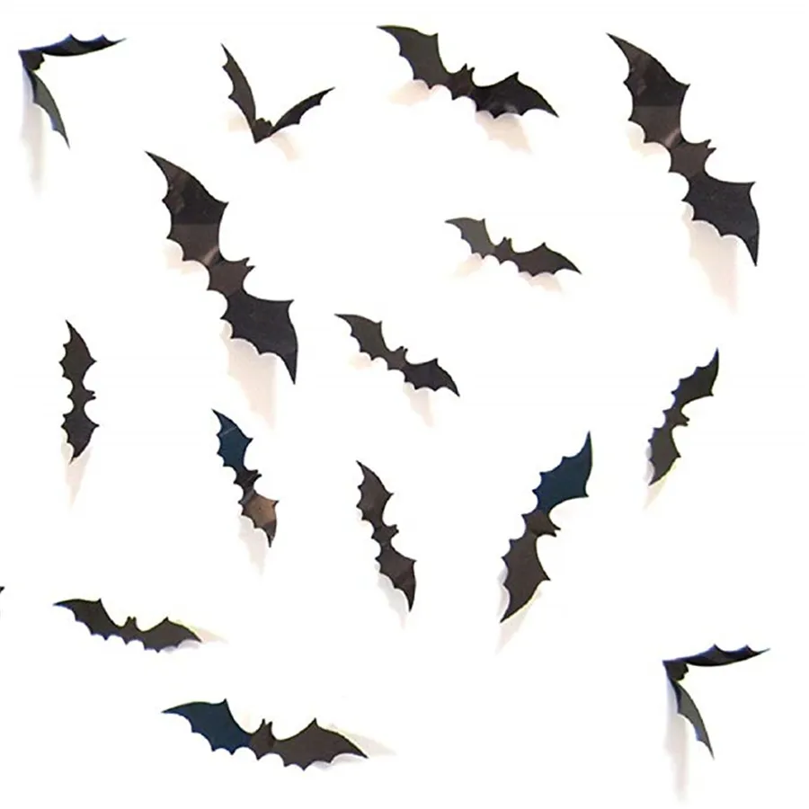 Forniture per feste di Halloween fai-da-te Adesivo da parete decorativo per pipistrelli spaventosi in PVC 3D, set di decorazioni per finestre di casa, decorazioni per la vigilia di Halloween, 12 pezzi, nero