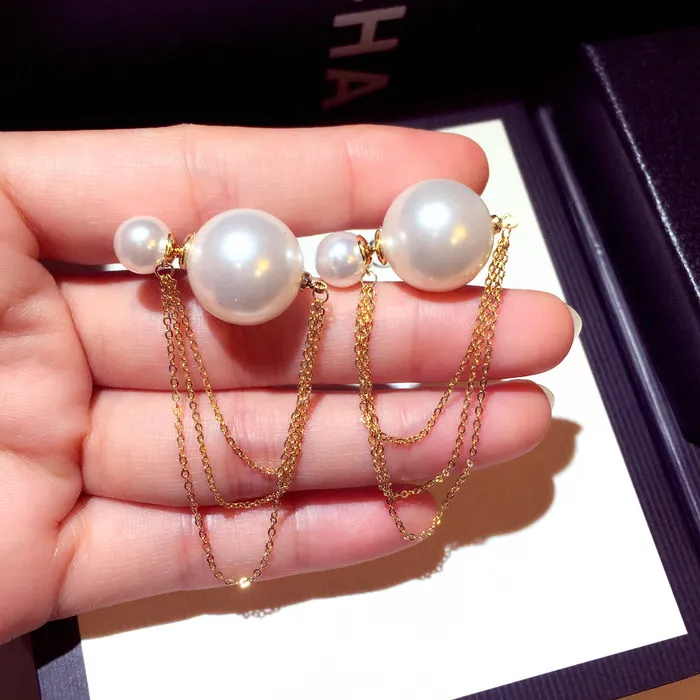 Save Big on Bulk Double Stud Earrings With Chain Luxury Pearl Earrings: New  Trend Fashion Designer Double Sided Pearl Stud Earrings For Women And