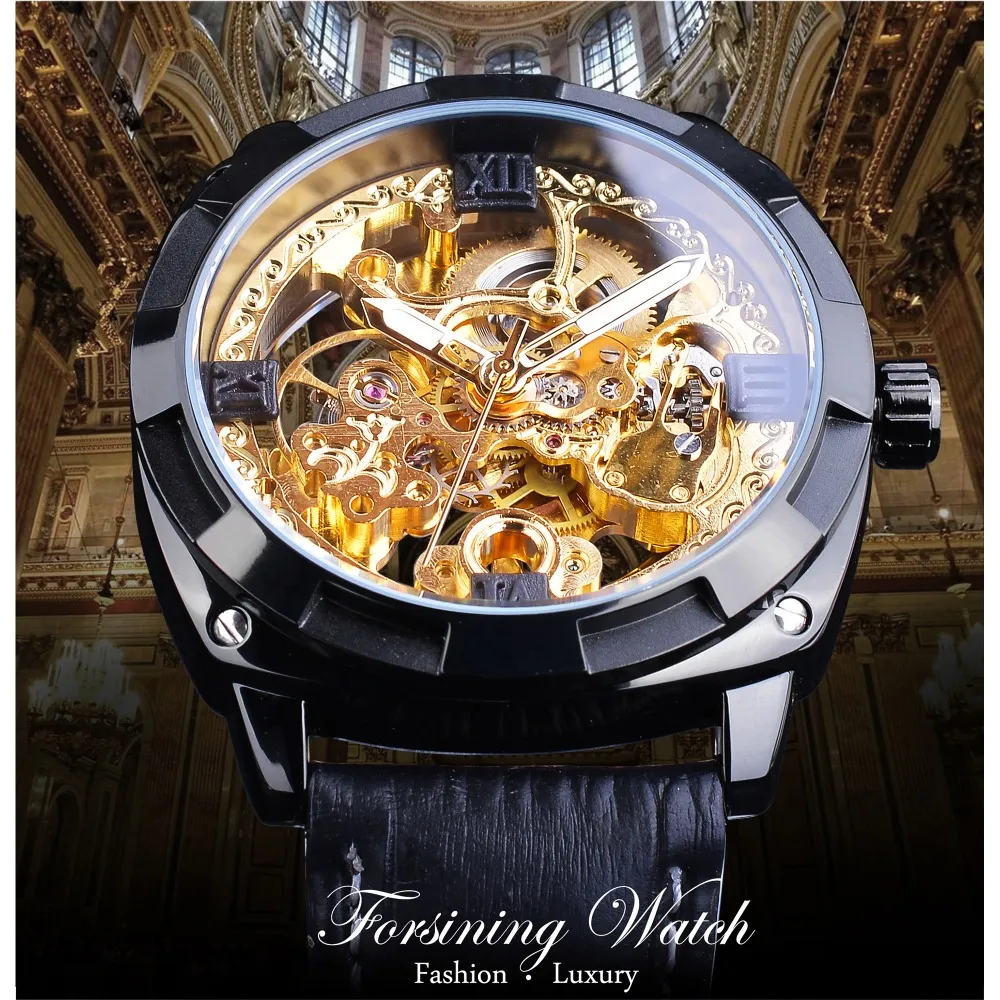 ForSining Royal Black Golden Clock Transparent Case Fashion Black äkta läderband Lysande händer Automatiska klockor för Men315A