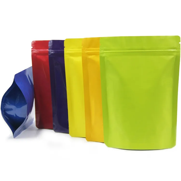 Bolsa de embalaje de papel de aluminio mylar con cierre de cremallera inferior de pie en 8 colores, bolsa de almacenamiento con sello de cremallera, bolsas de envasado de alimentos de la mejor calidad
