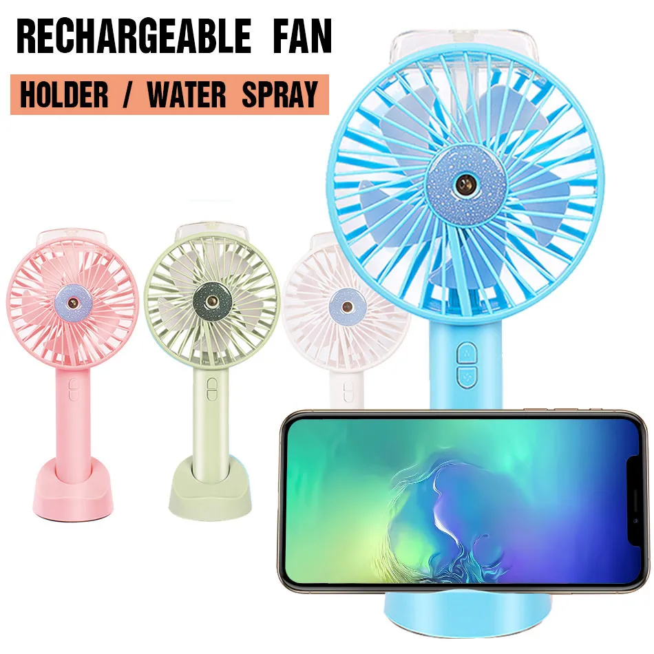 Ventiladores portátiles de mano con rociador de agua USB recargable con soporte de escritorio Ventilador de humidificación de aire para verano al aire libre con caja al por menor