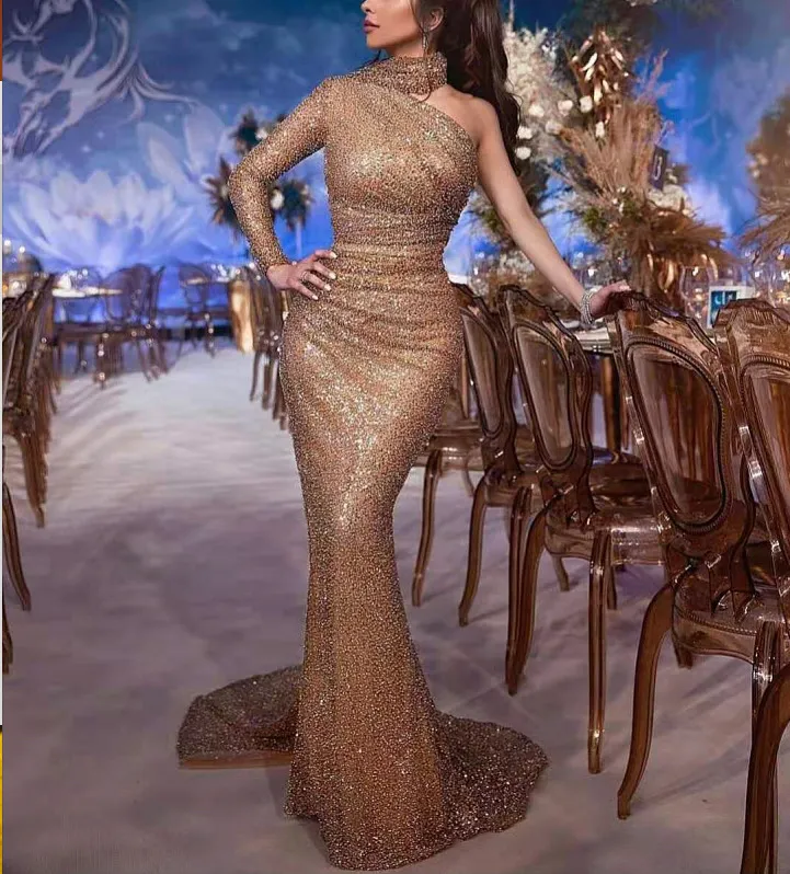 2019 New Fashion High Neck Mermaid Evening Dresses Lace Long Sleeves Arabic Formal Prom Dresses Party Gowns Floor Length One Shouder