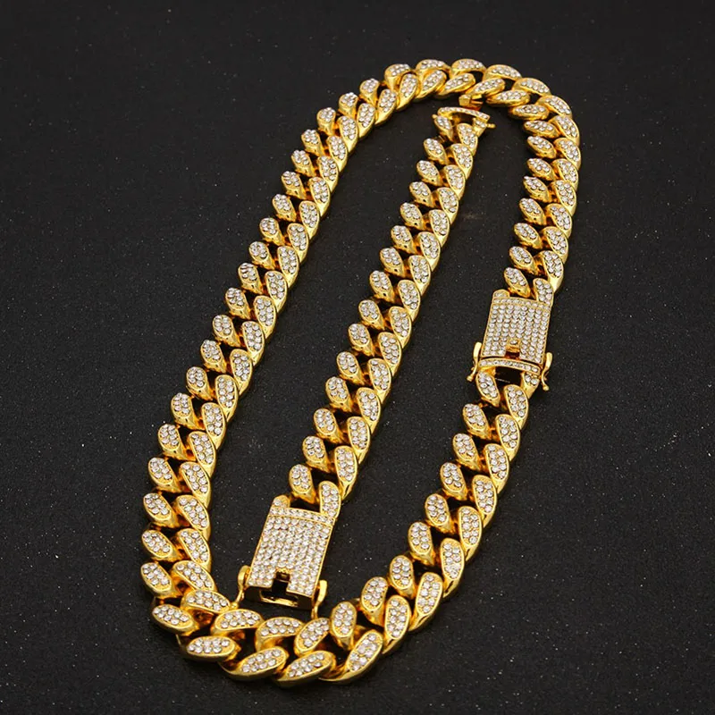 2cm Hip Hop Gold Color Iced Out Crystal Miami Cuban Chain Gold Silver Necklace & Bracelet Set HOT SELLING THE HIP HOP KING