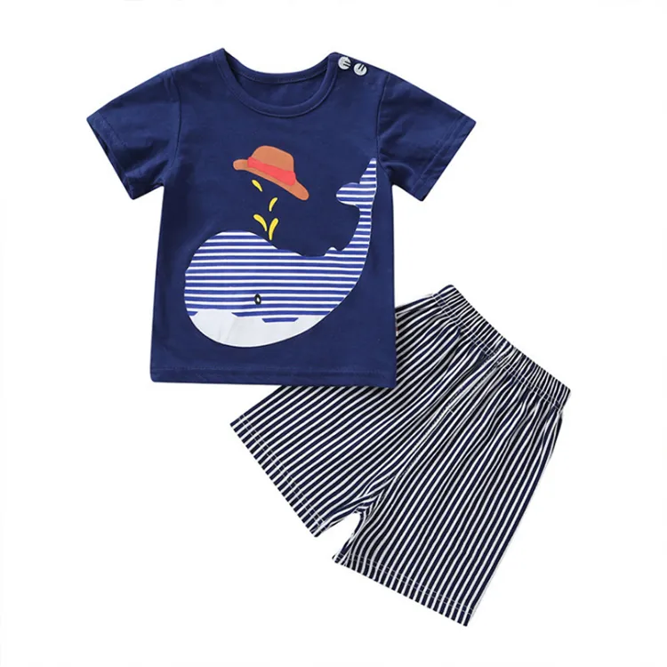 Kindkleidung stellt Sommerkinderkarikatur-Haifisch-Druckkurzschlußhülse T-Shirt + Streifen kurze Hosen ein 2 PC stellten Kinddesignerkleidung DHL JY407 ein