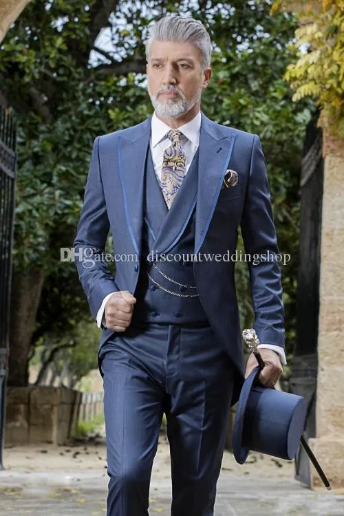 Yeni Geliş Lacivert Damat smokin Tepe Yaka Erkekler Düğün Giyim 3 adet Sabah Stil takımları (Ceket + Pantolon + Vest + Tie) K153