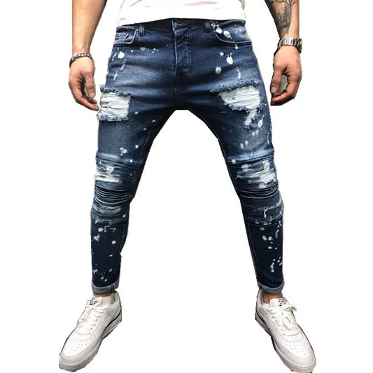 الأزرق التالف النحيل Fit Fit Denim Jeans Mode Street Mode Jeans الدراجات النارية راكب الدراجات النارية Jean سراويل الفتحة السببية