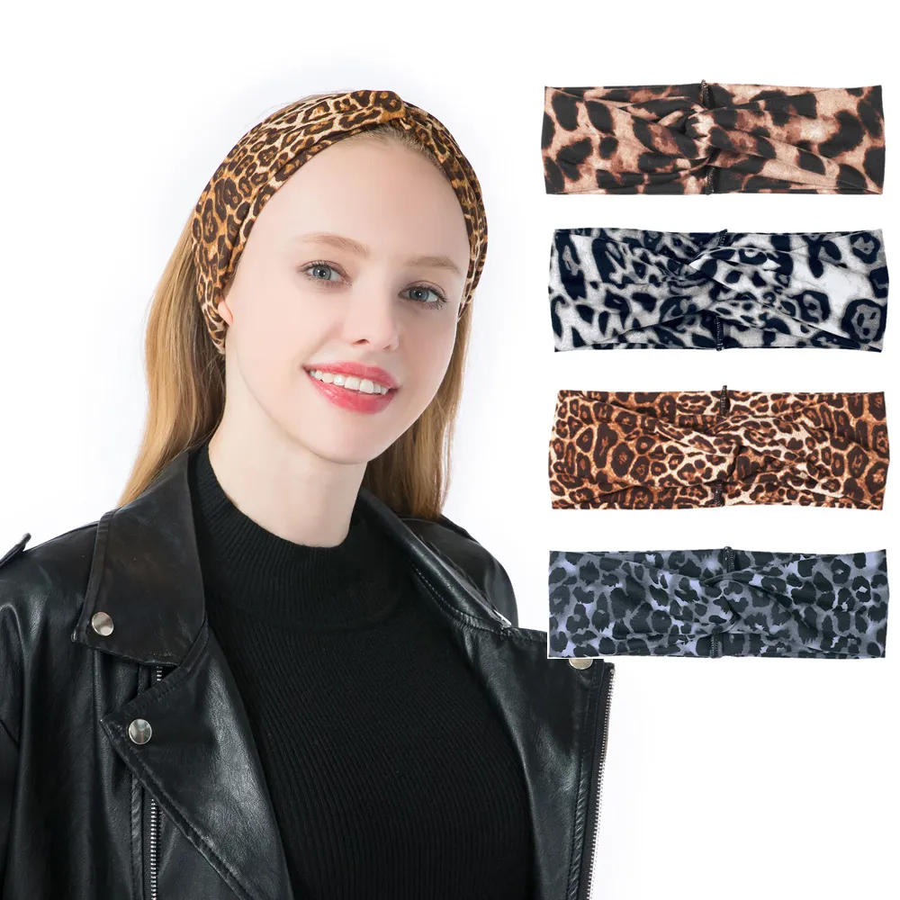 Nuovo designer di stampa leopardata Fascia per capelli Turbante per donna Stretch Twisted Knot Sport Yoga Wrap fasce per la testa accessori per capelli sciarpa