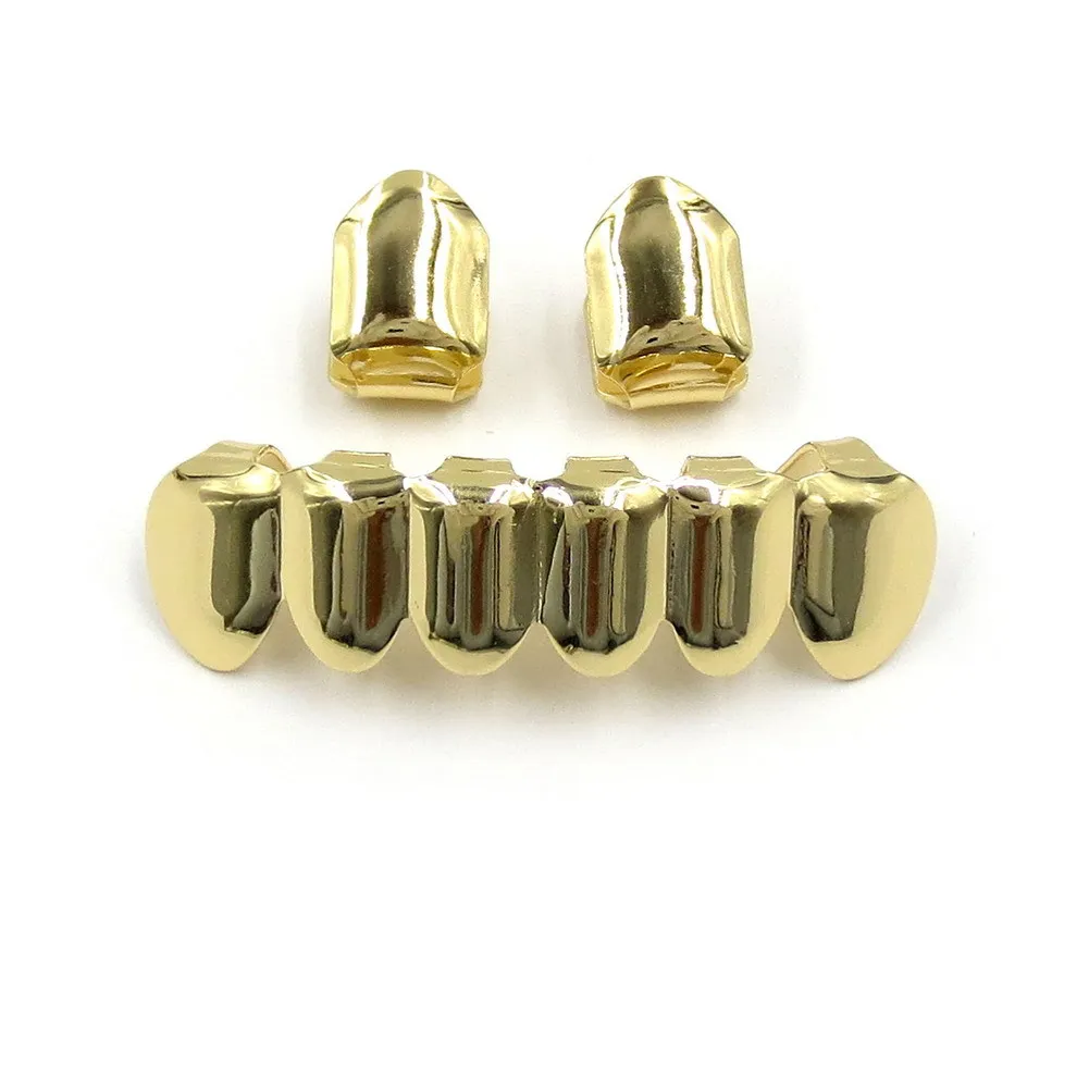 الهيب هوب مطلية بالذهب الفم GRILLZ مجموعة 2PCS واحدة أعلى 6 الأسنان أسفل الشواية مجموعة بالجملة