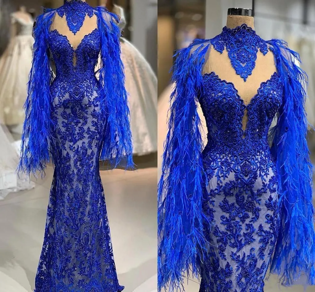 Abendkleider royal blue sparkly sjöjungfru prom klänningar fjäder spets appliqued pärlor fest klänning golv längd kväll klänning med wrap