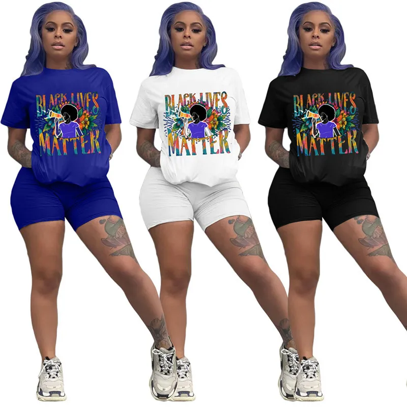 Femmes Shorts Survêtement Black Lives Matter Lettre Mode Deux Pièces Ensemble D'été À Manches Courtes T-shirt + Shorts Tenues Sportswear Costume S-2XL