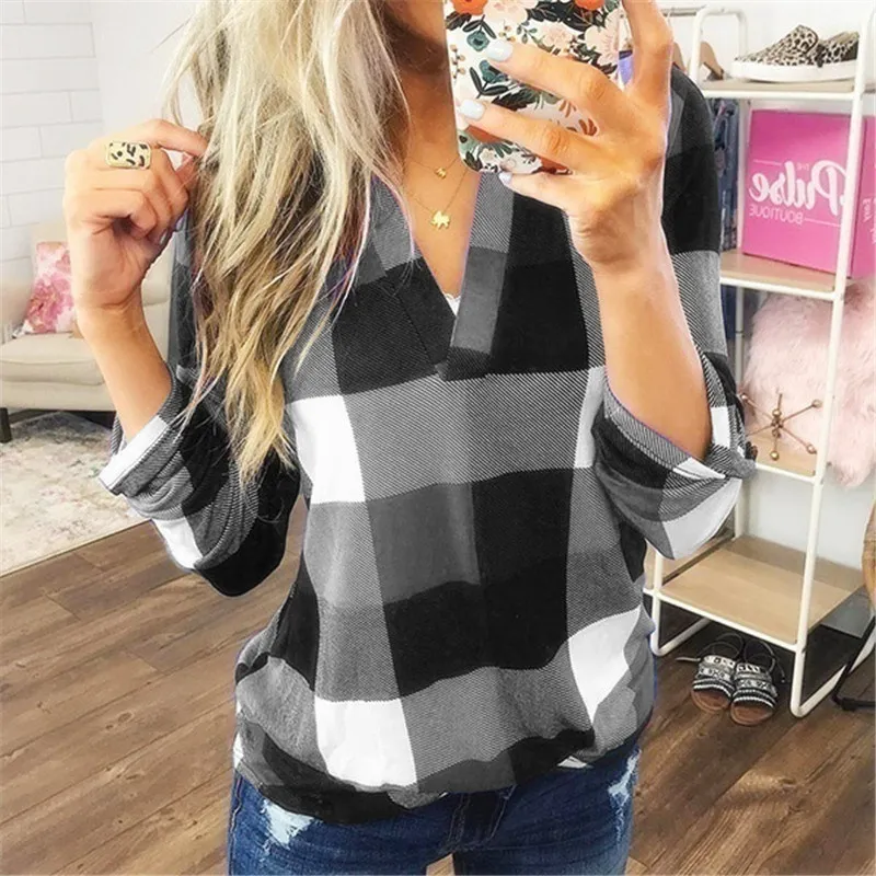 Qnpqyx nieuwe herfst vrouwen t-shirts V-hals controle rooster plaid t-shirt tops lange mouw dame casual losse t-shirts plus size s-5xl dropshipping