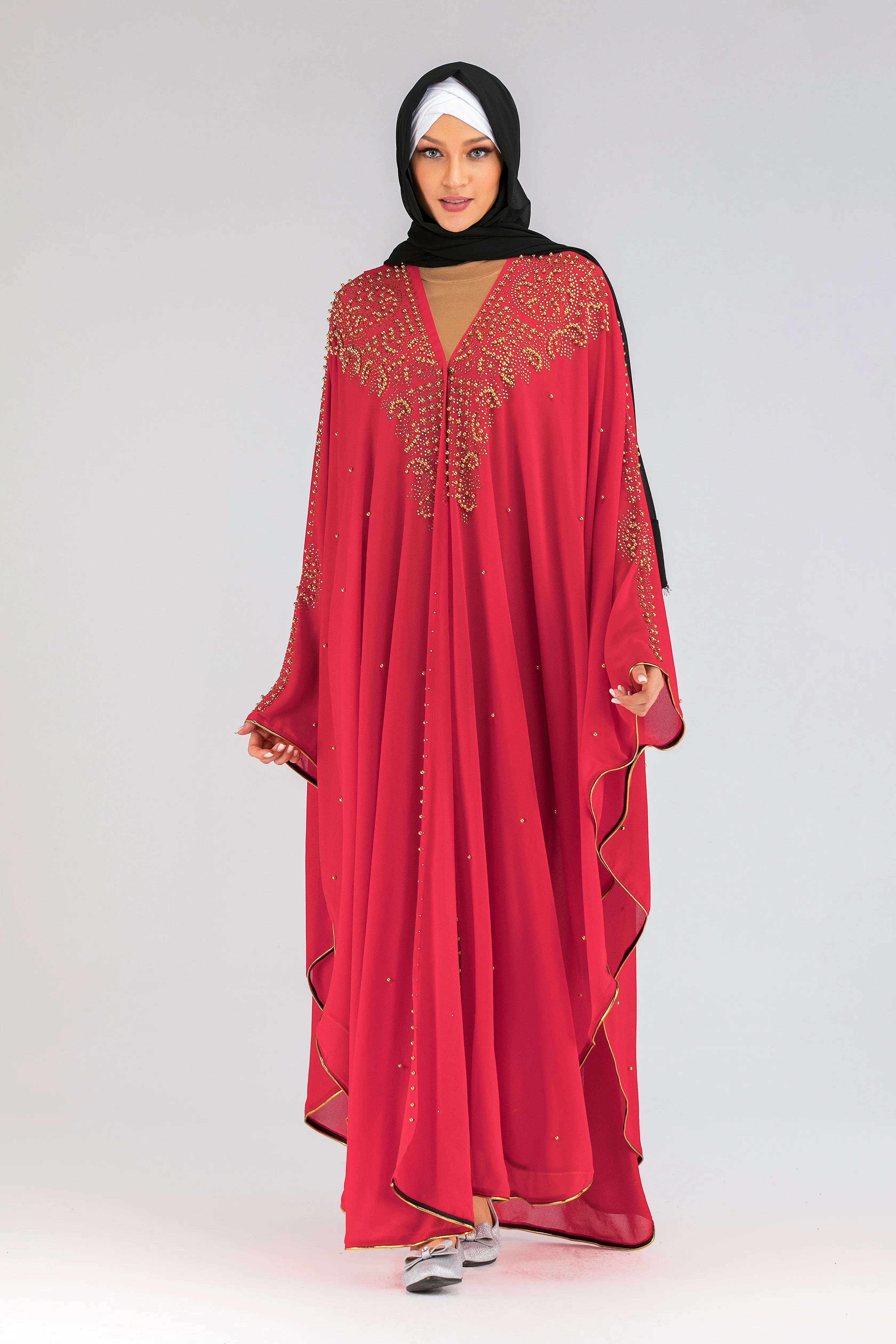 fitted lace wedding dress Elegant Orange V-Neck Loose Hand-Sewn Diamond & Pearl Embellished Long main image 1