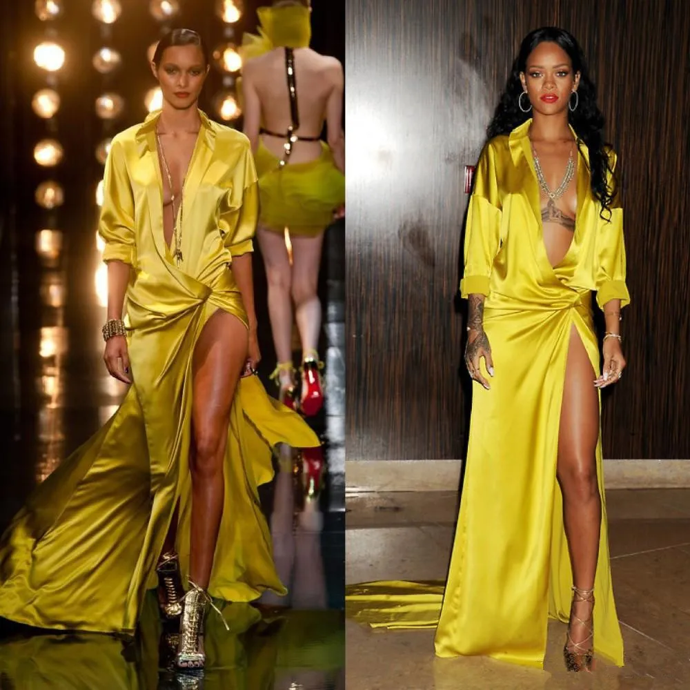 Yellow Fashion Evening Dresses Yellow Silk Red Carpet Celebrity Prom Dresses Evening Gowns Plunging Neckline Party Dresses High Thigh Slit