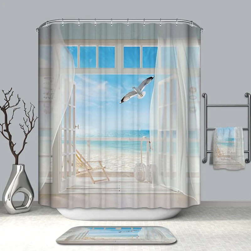 Summer Hot Bath Gardiner Fake Window Beach landskap Mönster 3D Duschgardiner Polyester Tvättbara badrumsprodukter + 12 Hook C18112201