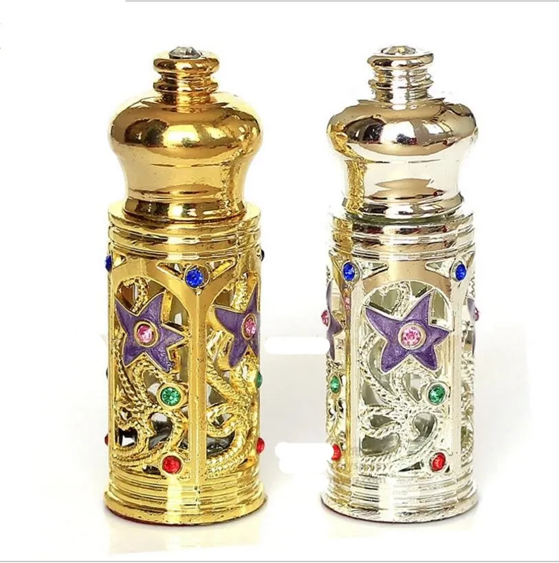 3ml Antiqued Glass Perfume Bottle Arab Style Metal Essential Oils Flaska Med Glas Dropper Guld Silver Färg