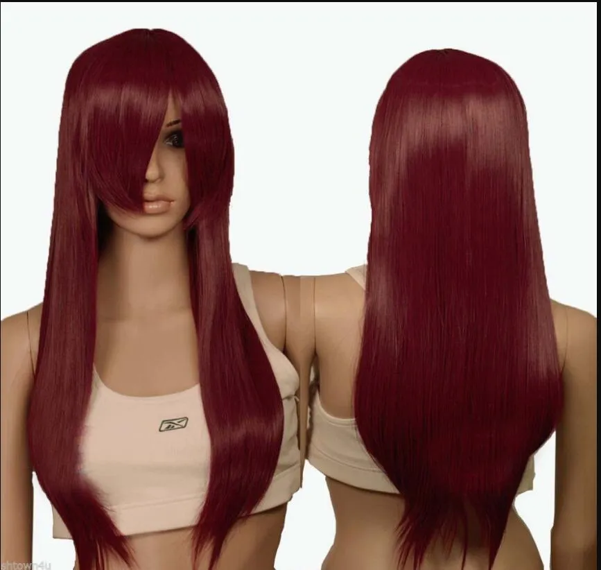 WIG caliente resistente al calor Party hairsuper fashion Wine Red Long Cosplay peluca de pelo pelucas para mujeres