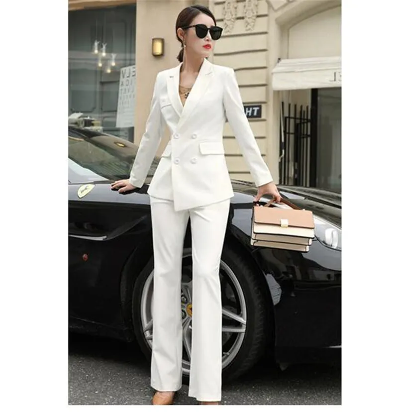 Weiße Business-Hosenanzüge für Damen, Übergröße, zweireihiger Damen-Blazer mit Hose, Damen-Arbeitshosenanzug nach Maß{Kategorie}