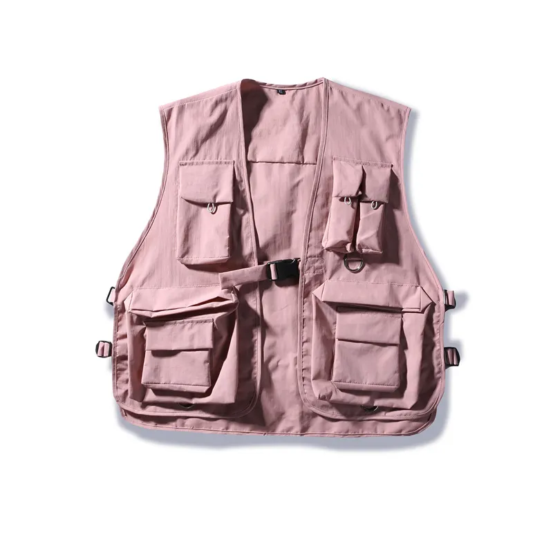 Hip Hop Loose Vest Sportswear Mens Pink Cargo Waistcoat with Pockets Jacket Coat Streetwear Tactical Vests Sweatshirts