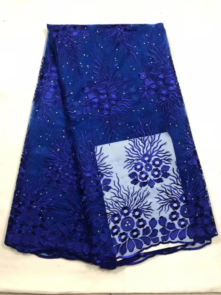 5 yardas/pc hermosa tela de encaje de red francesa azul real con bordado de flores de diamantes de imitación encaje de malla africana para vestido QN84-2