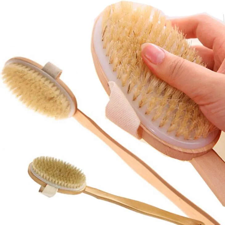 Dry Skin Body Brush with Long Detachable Non-slip Handle 100% Natural Bristle Bath Shower Brush Blood Circulation & Exfoliation LX20