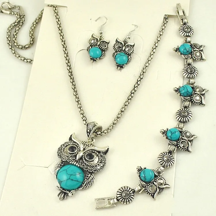 Gros-livraison gratuite Hibou Turquoise Incrusté Turquoise Collier Boucles d'oreilles bracelets Set ensembles de bijoux de mode TS0002