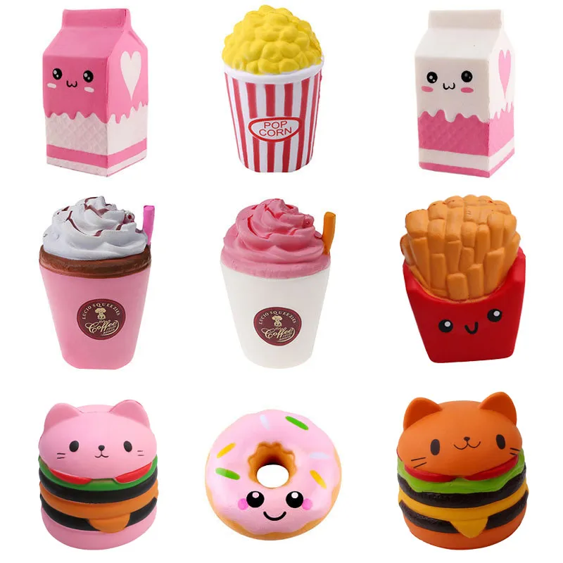 Jouets spongieux à rebond lent, carton de lait de dessin animé, chips de hamburger, pop-corn, jouet à presser, soulagement du stress, jouets de décompression, soulagement de l'anxiété