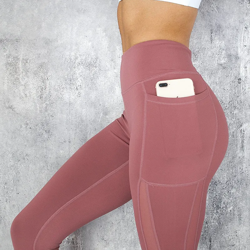 Womens Leggings High Waist Cellphone Pocket Mesh Panel Compression