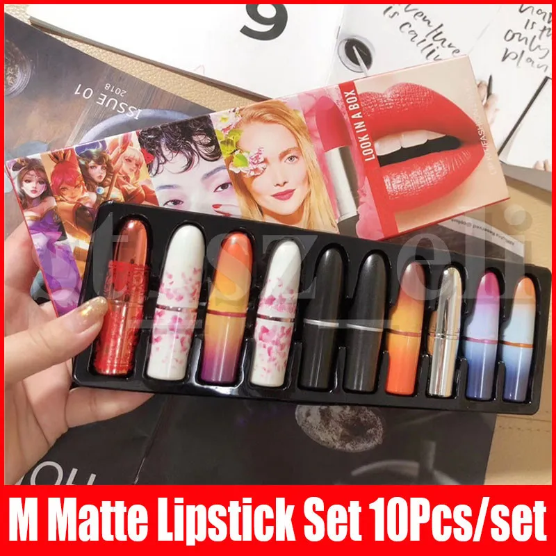 M Makeup 10 in 1 Lippenstift-Kollektion, Weihnachts-Lippenstift-Set, mattierter Lippenstift, 10 Farben, Look in a Box LipKit