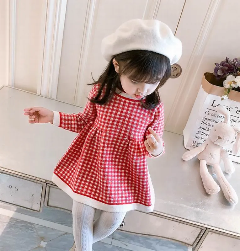 Wholesale Plaid Sweater Dresses For Baby Girl Knitting Wool Long Sleeve
