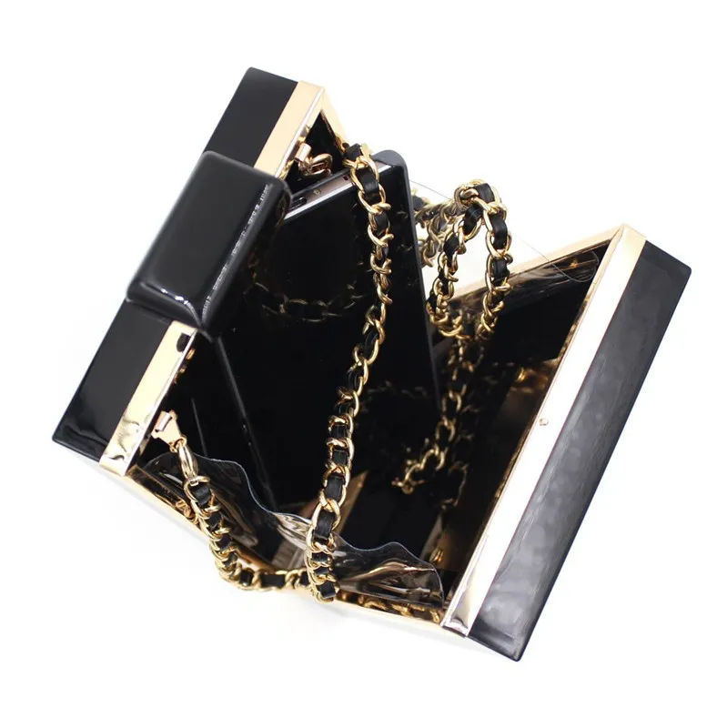 New Famous Acrylic Box Perfume Bottles Shape Chain Clutch Evening Handbags Women Clutches Perspex Clear/Black