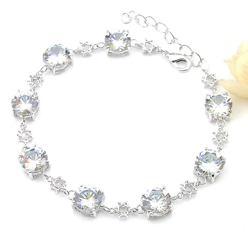 Luckyshine 6 Pcs Bride Jewelry Bracelets Round Topaz Gems Silver Fashion For Women White Zircon Birthday Gifts Bracelet Jewelry 8"