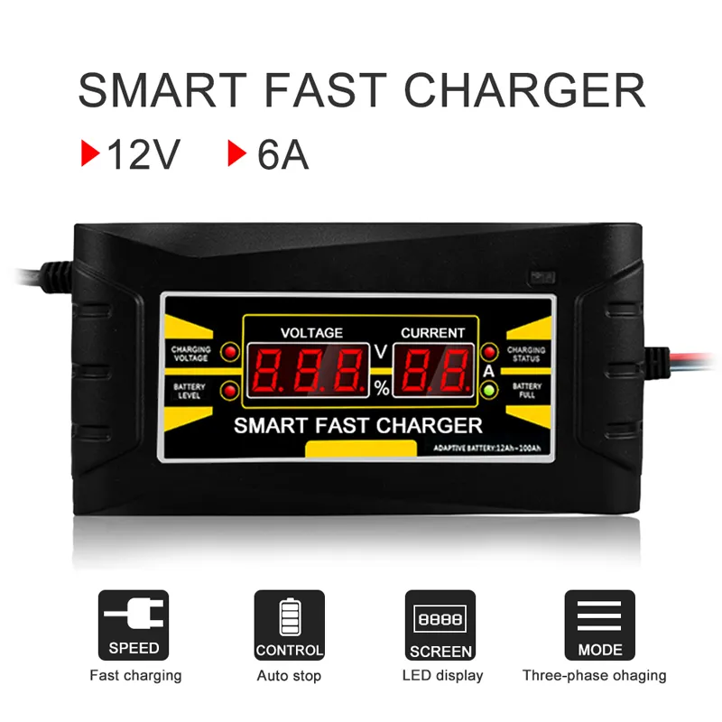 Volledige automatische auto-batterijlader 12V 6A Smart Fast Power Charging Loodzuur voor Auto Motorfiets