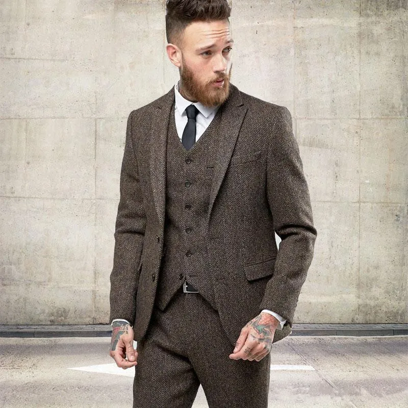 Nouveau personnalisé Tweed laine hommes costumes hiver formel maigre mariage Tuxedos doux moderne Blazer 3 pièces hommes costumes (veste + pantalon + gilet) 689