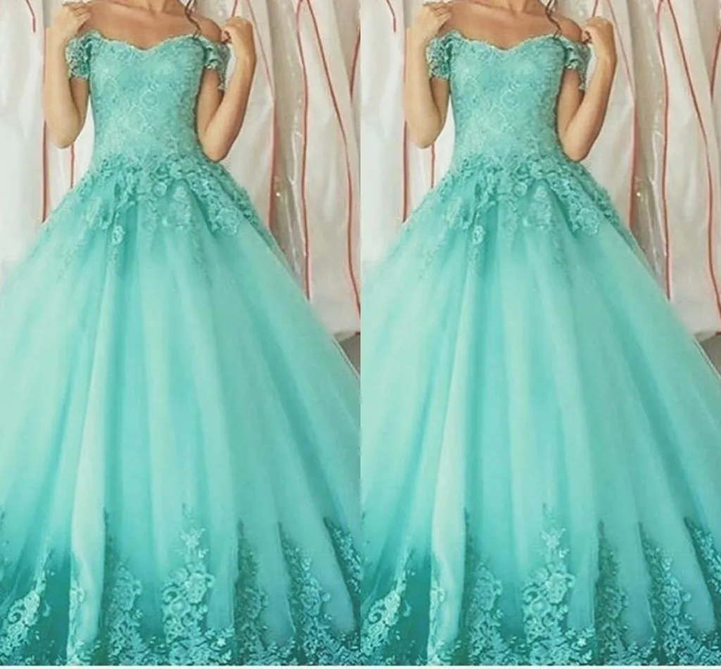 Aqua синий с плеча сладкий 16 платья кружева аппликация Ruched Prom Quinceanera Dress Party выпускные платья для 8-го класса