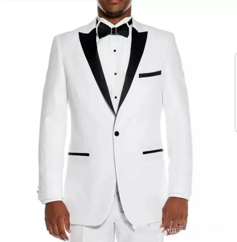 New Custom One Button White Groom Tuxedos Peak Lapel Groomsmen Best Man Blazer Mens Wedding Suits (Jacket+Pants) 691