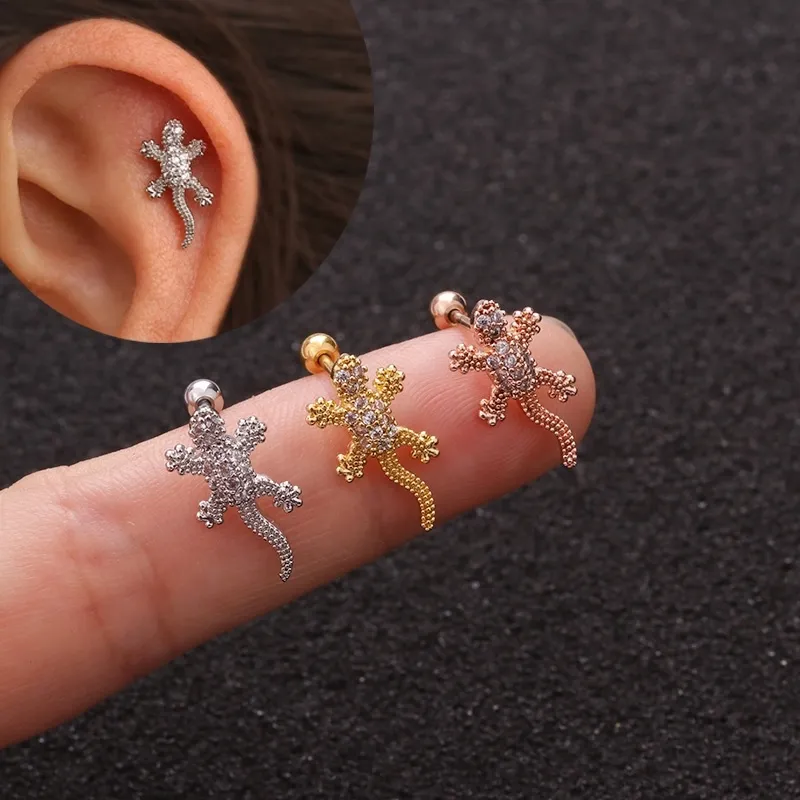 1pc cz djur gecko brosk charm örhängen ödla reptil helix stud öra piercing smycken tragus conch skruv tillbaka