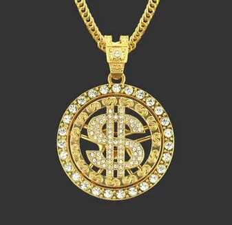 18k banhado a ouro hip hop homens diamantes dólar pingente colar