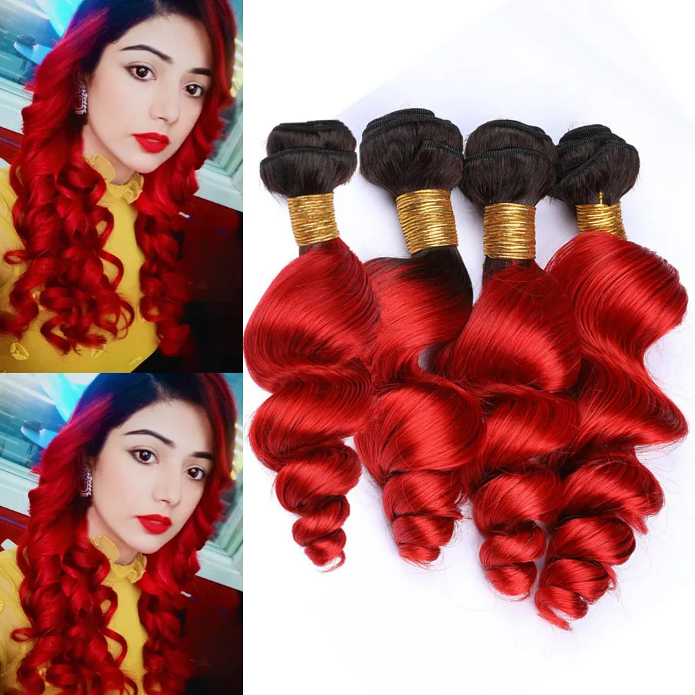 Brazylijski Human Hair Bright Red Ombre Loose Fale 4 z 400GRAM # 1B / Red Black Korzenie Ombre Loose Falisty Dziewiczy Ludzki Włosy Weave Wefts 10-30 "