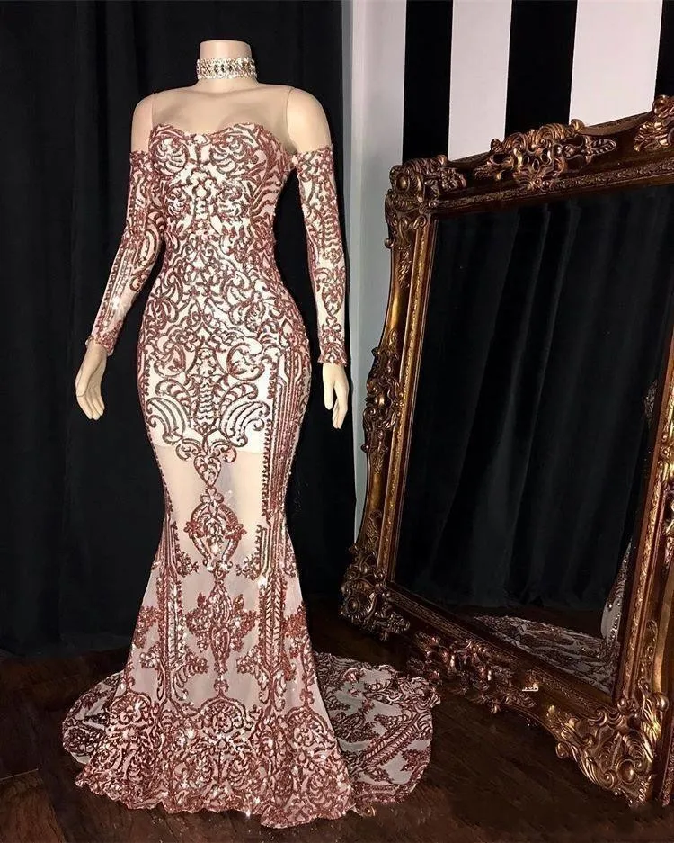 2020 Nya Sexiga Rose Guld Sequins Mermaid Afrikanska Aftonklänningar Använd långärmade axlar av axel Sequined Formal Afton Dress Party Gowns