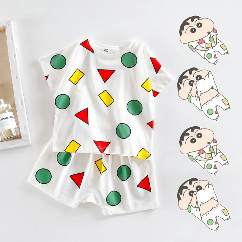 Ins crayon shinchan pyjamas män och kvinnor pyjamas sommar tecknad t-shirt set netto röda barn hemkläder