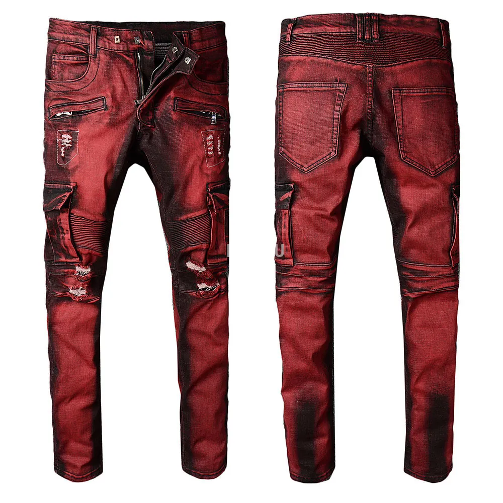 Herren Biker Jeans Multi Pocket Moto Hose Stretch dünne Burgundy Fracht Denim Distressed zerrissene Hose # 1043 Freies Verschiffen