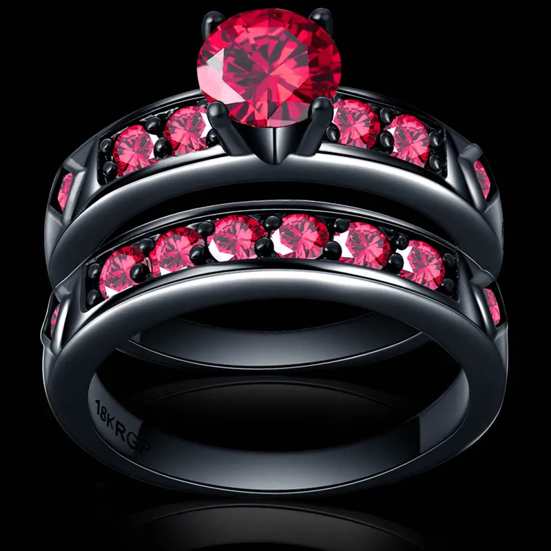 ljus röd röd ring granat kvinnor härlig bröllop smycken svart guld full par ring set bijoux kvinnlig man