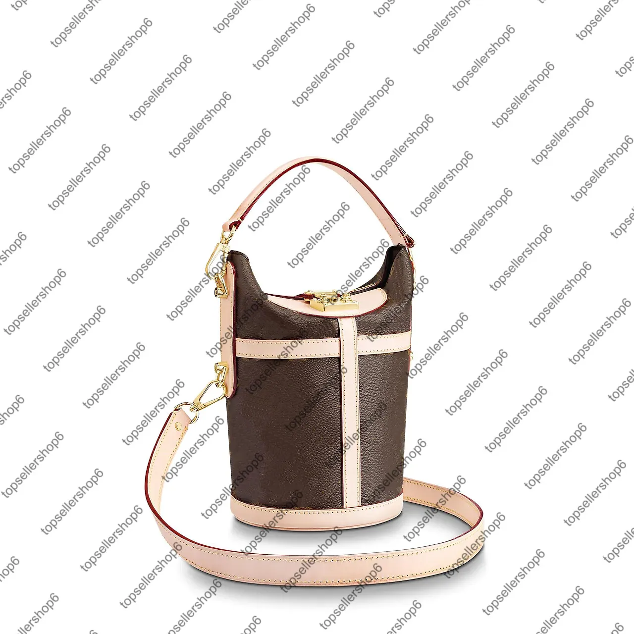 M43587 Duffle Saco Bolsa Mulheres Natural Cowhide Couro S-Lock Clasp Canvas Bucket Cruzeiro Bolsa de Mensageiro Cross-Body