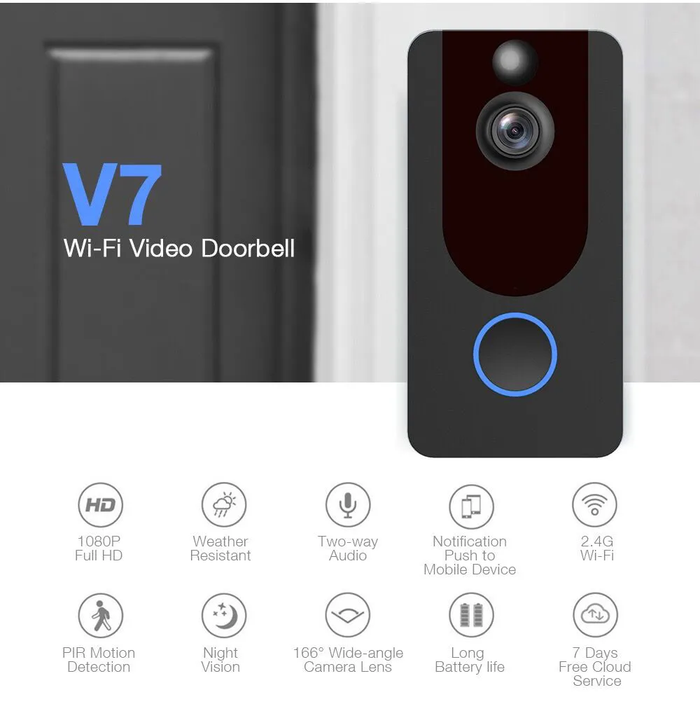 V7 HD 1080PスマートWIFIビデオドアベルカメラビジュアルインターコムHDナイトビジョンIPドアベルワイヤレスホームセキュリティカメラ