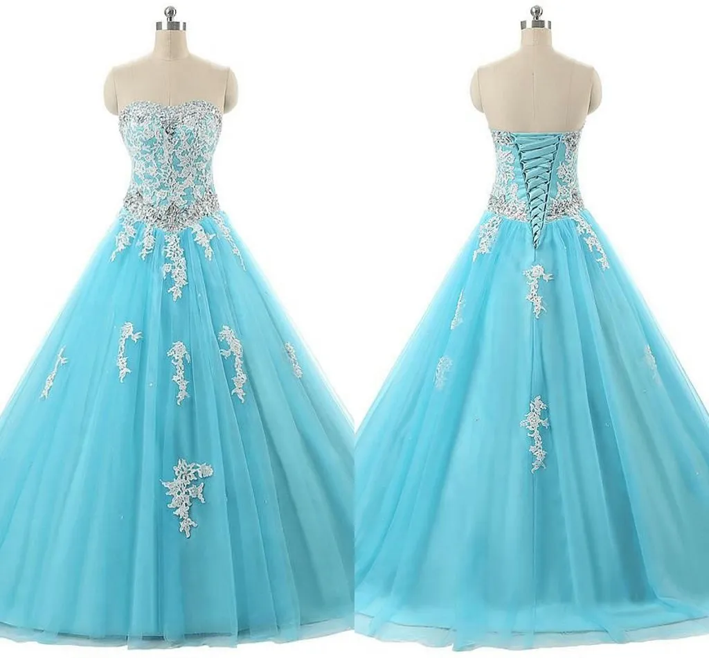 2020 Marfil encaje azul baile de graduación dulce 16 vestidos con cuentas de cristal sin tirantes corsé espalda elegante vestido formal de noche vestidos de graduación baratos