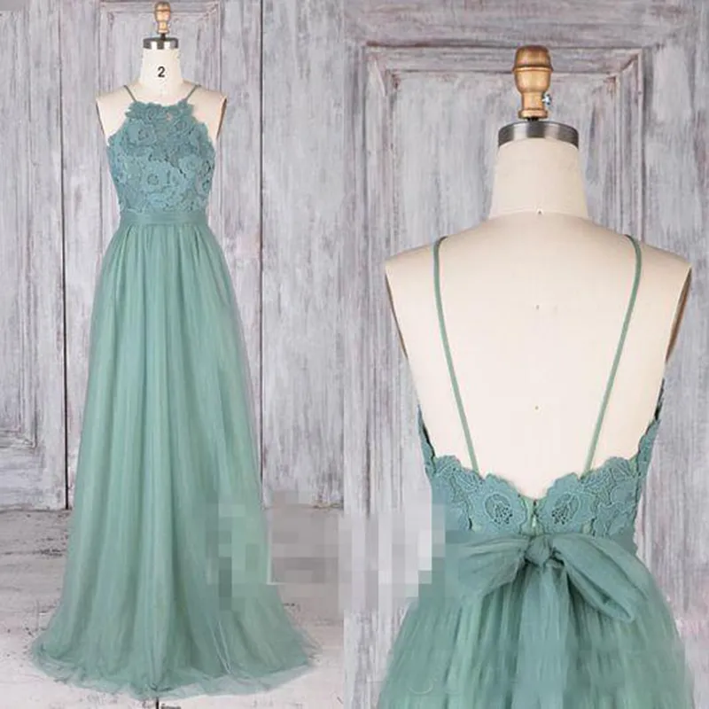 Dusty Green Bridesmaid Dress Lace Illusion Long Tulle A-Line Backless Formal Dresses Party Lace Modest Maid Of Honor Gowns