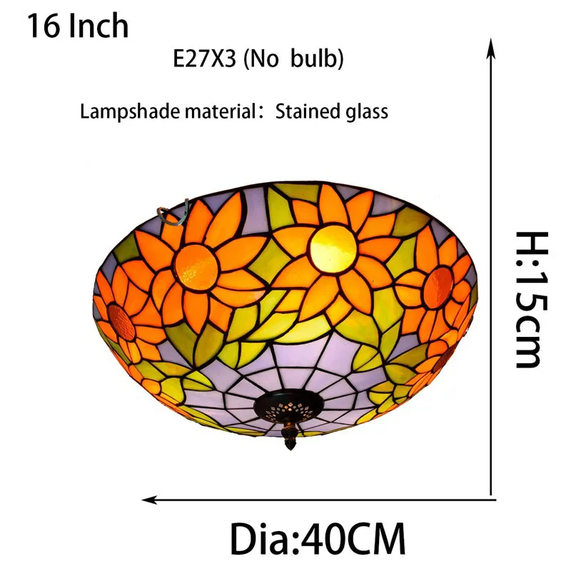 Tiffany Glass Plafond Licht 16 "E27 Gebrandschilderd Bril Slaapkamer Woonkamer Eetkamer Balkon Plafondlamp Fixtures Zonnebloem