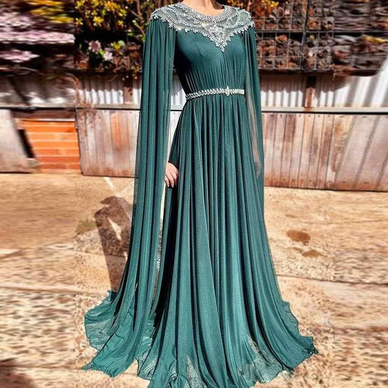 Abito da sera lungo in chiffon verde arabo con scollo a V verde cristallo con manica lunga gioiello collo con perline cintura abito da ballo lungo in chiffon 2019