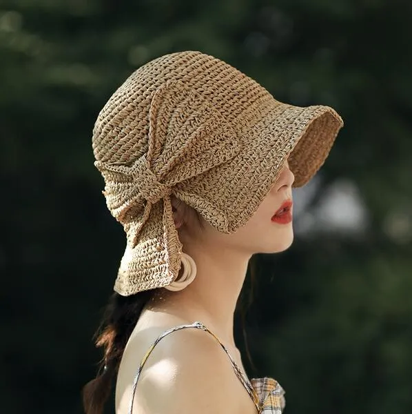 Raffia Bow Sun Sun Hat Шлянная крана гибкая летние шляпы для женщин пляж Панама соломенная купола ведро шляпа женская шляпа шляпа